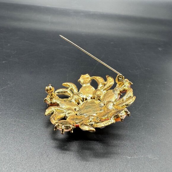 Vintage Brooch Pin Orange Clear Rhinestones Faux Tone Gold Tone Star Burst Swirl - Picture 3 of 8
